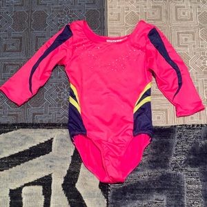 Neon Three Quarter Sleeve Shimmer Gymnastics Leotard w/ Keyhole Back